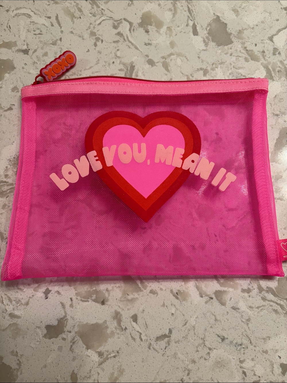 Pink 'Love You, Mean It' Heart Mesh Pouch